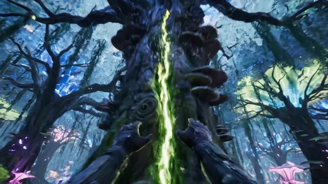 Fantasy hand touches glowing tree in magical alien forest
