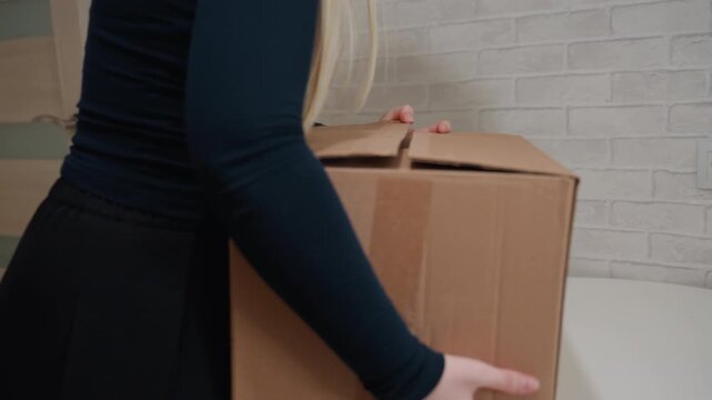 Caucasian woman carrying moving box through apartment doorway, places box on table and opens flaps, inspects contents with careful hands, acts as new tenant unpacking fragile items, prepares living