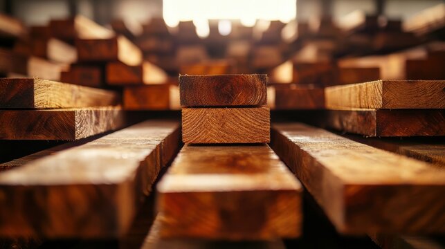 Close up view of freshly sawn hardwood planks arranged in rows