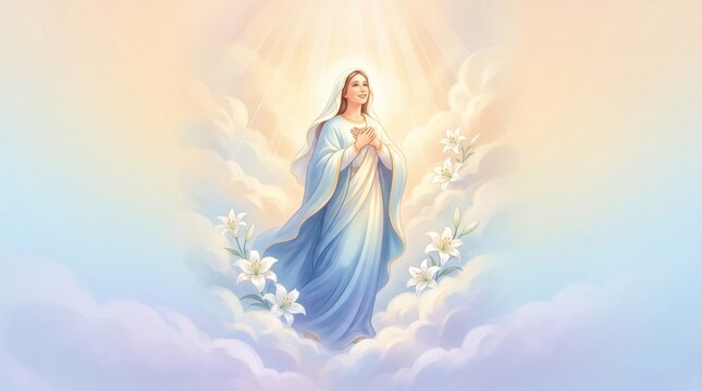 Assumption of Mary gradient with white lilies and radiant sky, sacred Christian mood
