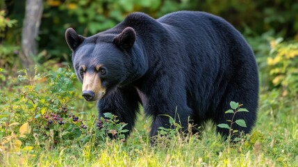 Fototapeta premium Black Bear Foraging For Berries in a Green Forest Environment