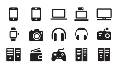 Modern consumer electronics icons collection featuring mobile devices audio and gaming gear. © VANU