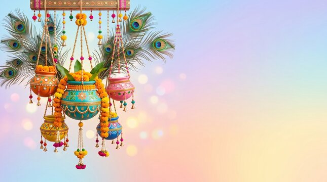 Dahi Handi pastel gradient with peacock feathers and hanging pot ornaments