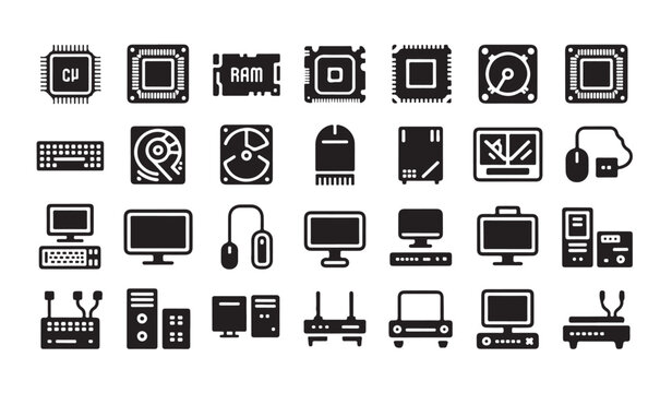 Comprehensive collection of computer hardware processors and desktop equipment glyph icons.