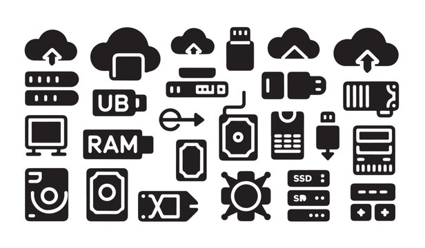 Set of various computer hardware storage and networking technology icons in black flat style.