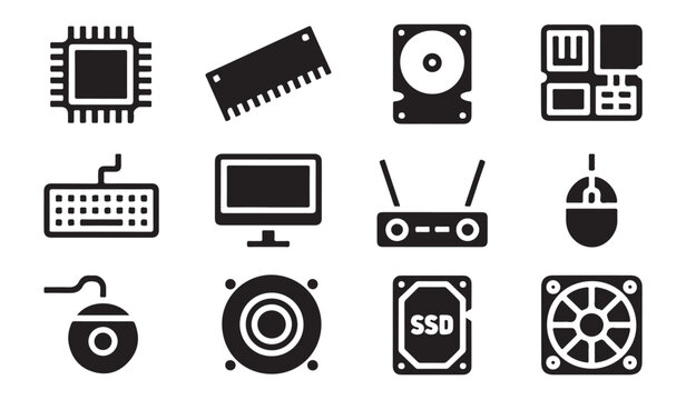Computer components and storage devices icons on transparent background for technology.