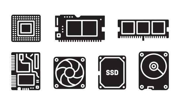 Internal computer hardware components including processor ram cooler and storage drive icons.