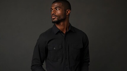 Obraz premium Contemplative Young Man Black Shirt Portrait