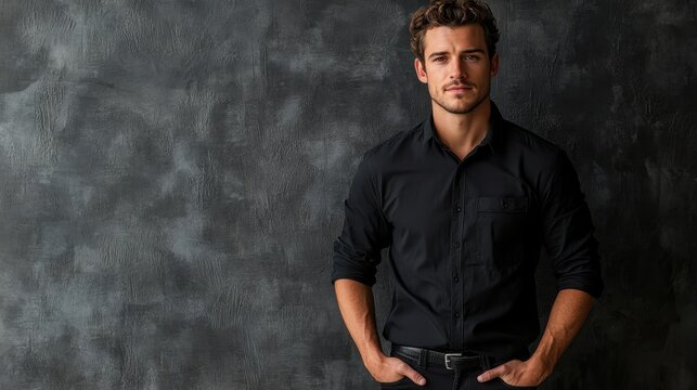 Confident Young Man Black Shirt Posing Against Textured Background