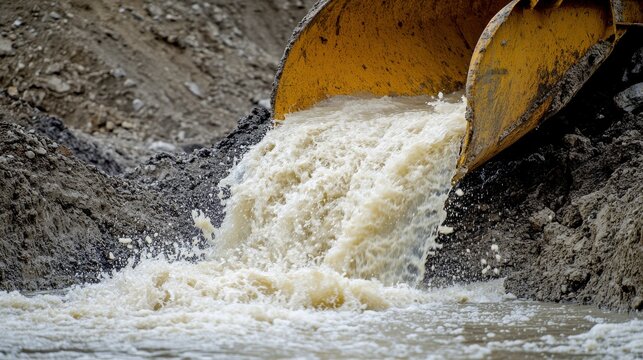 Massive yellow dragline bucket spilling crushed materials