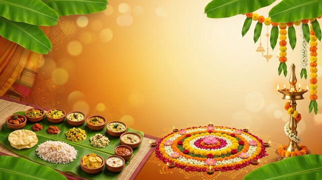 Onam gradient banner with banana leaves and traditional feast elements, warm cultural celebration vibe