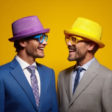 Playful business: office workers enjoy april fools' festivities. Professional look. Executives in disguise: office april fools' day celebration with costumes. Glamour photo. Luxury style.