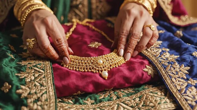 Woman holding traditional gold pearl necklace on embroidered fabrics