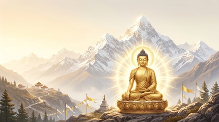 Fototapeta premium Saga Dawa Festival Banner with Golden Buddha Statue, Glowing Aura and Sacred Himalayan Mountain Landscape, Elegant White and Gold Gradient Background