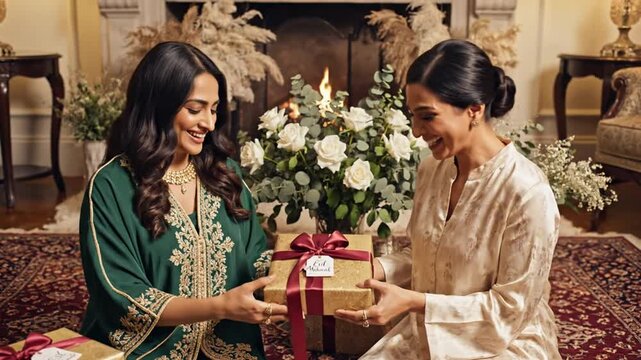 Two women exchanging Eid gifts in an elegantly decorated living room.