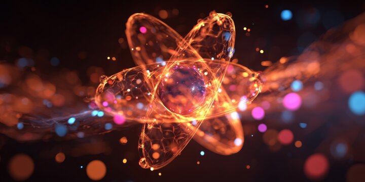Abstract representation of atomic structure with vibrant colors and glowing particles, showcasing energy flow and digital connections in a cosmic environment
