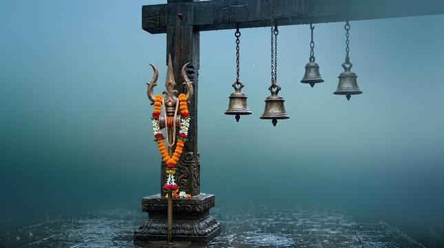 Auspicious Shravan Somvar Vrat Background Featuring Sacred Trident Trishul and Temple Bells in a Serene Rainy Monsoon Ambiance for Hindu Devotion