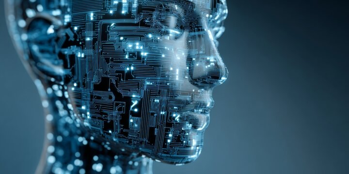 Abstract representation of a digital human head with binary code and circuit patterns symbolizing technology, innovation, and artificial intelligence concepts