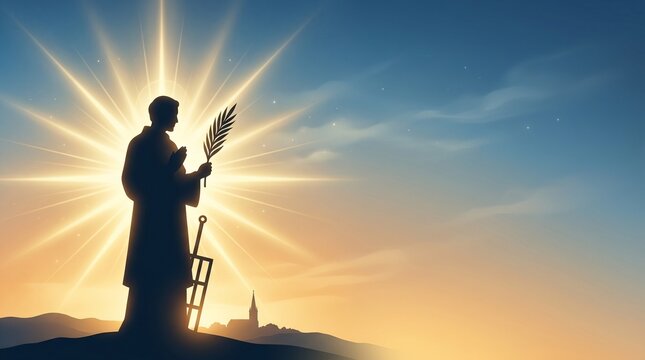 St. Lawrence Feast Day Banner with Saint Silhouette and Celestial Golden Rays on Gradient Background for Christian Celebration and Prayer