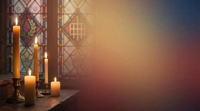 St. Lawrence Feast Background with Elegant Church Candles, Stained Glass Elements, and Soft Gradient for Catholic Religious Celebration and Liturgy