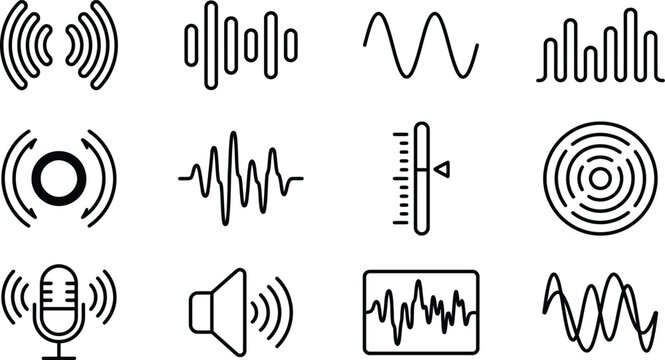 Sound wave and frequency analysis icons for audio technology interface