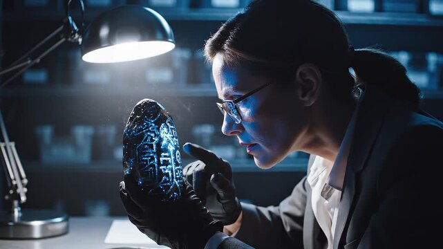 Female researcher wearing black gloves and glasses closely examining mysterious glowing blue ancient inscribed stone artifact under desk lamp in dark laboratory.
