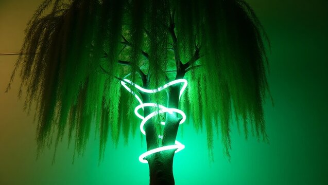 Green neon light wrapped around tree branches lighting