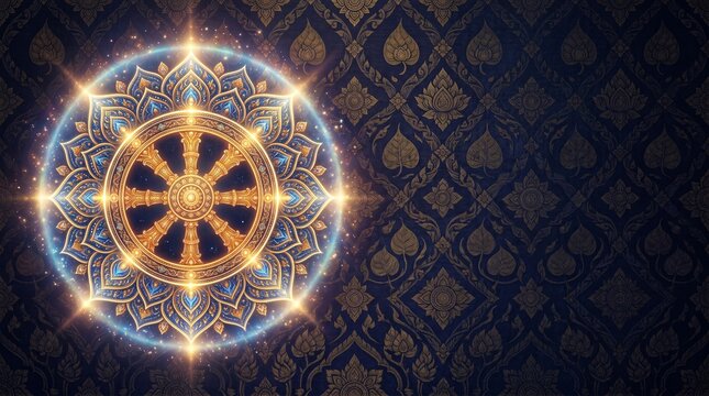 Asalha Puja Abstract Lotus Mandala and Dharma Wheel Glowing with Sacred Luminous Aura, Refined Buddhist Wallpaper Design for Spiritual Celebration