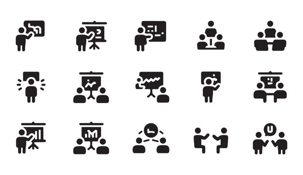 Professional training and education icon collection featuring presentation and team symbols.