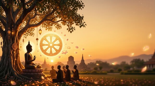 Serene Asalha Puja Illustration featuring Buddha Silhouette Teaching under Bodhi Tree, Glowing Dharma Wheel, and Lotus Petals on Golden Gradient