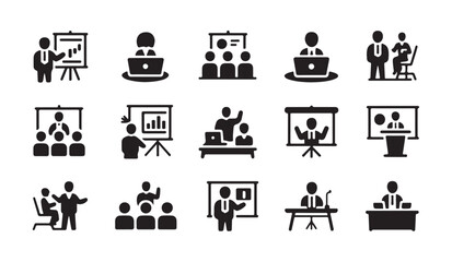 Fototapeta premium Business presentation and meeting icon set vector illustration. includes various business scenarios.