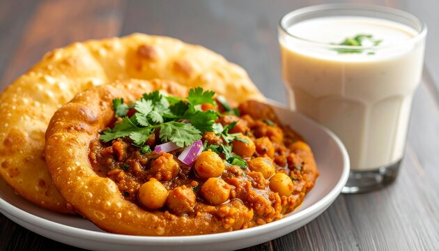 Chole bhature paired with a chilled glass of salted lassi, authentic North Indian cuisine, ultra realistic food styling
