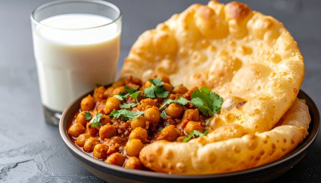 Chole bhature paired with a chilled glass of salted lassi, authentic North Indian cuisine, ultra realistic food styling
