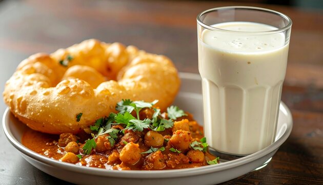 Chole bhature paired with a chilled glass of salted lassi, authentic North Indian cuisine, ultra realistic food styling
