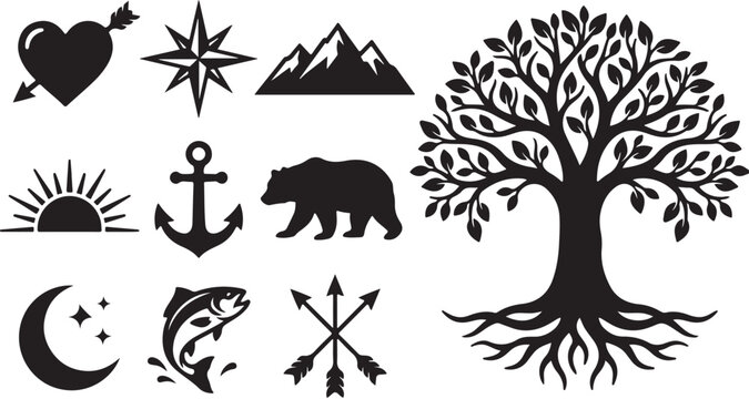 Collection of nature and symbol icons in black