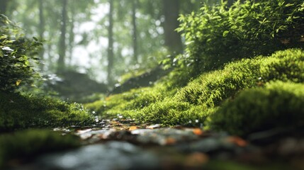 Fototapeta premium Serene Woodland Path: Close-up view of the Green Mossy Ground and Foliage