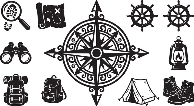 Navigation and adventure travel icons and symbols