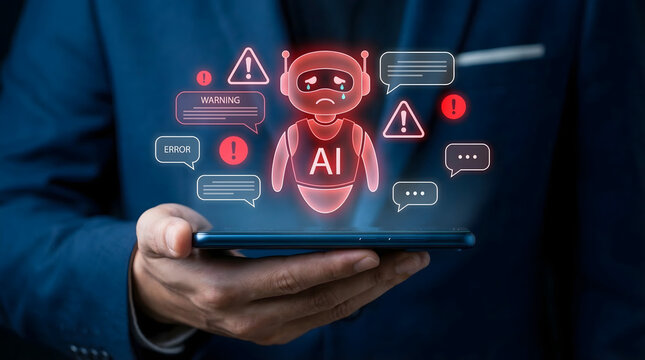 Businessman holding smartphone with ai robot and error warning signs floating above screen in dark background