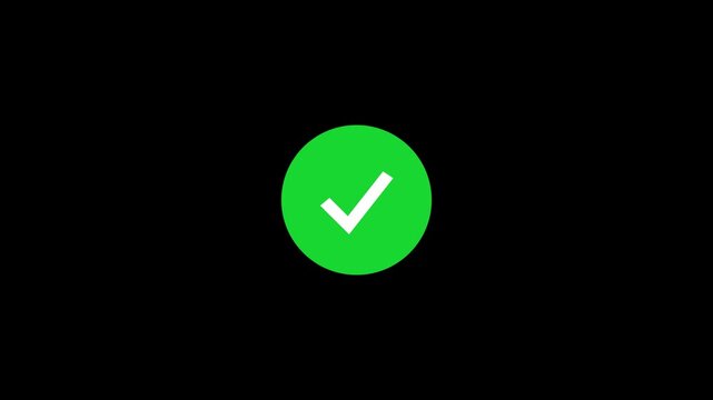 White check mark icon in green circle animation on a black background. Check mark symbol. tick mark, approval, confirmation and success with 4k video.