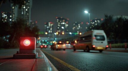 Fototapeta premium City Street at Night: A red warning light glows intensely on a city street at night, illuminating the wet asphalt and blurred motion of passing vehicles.