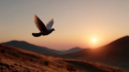 Naklejka premium Ascension of Hope: A lone dove soars gracefully against a breathtaking sunset, its wings spread wide in a symbolic flight of freedom and peace over rolling hills.