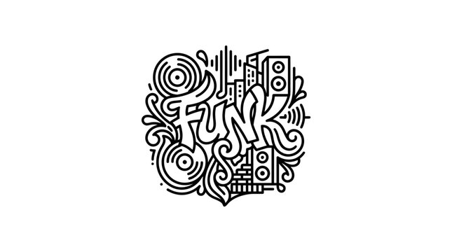 Funk typography with speakers and vinyl record line art.