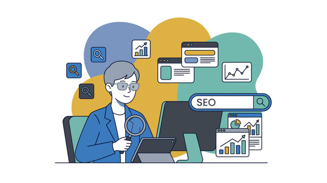 Professional SEO Expert Analyzing Website Data and Search Engine Optimization Strategy Illustration