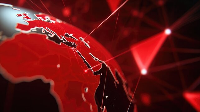 Global Network Crisis: A stylized red globe with interconnected nodes and triangular shapes, symbolizing a complex global network facing potential crisis or disruption.