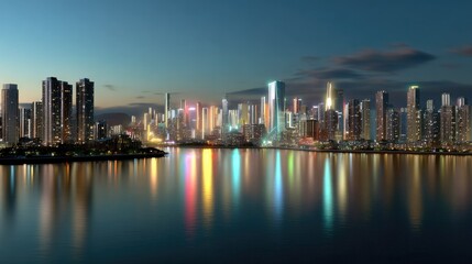 Naklejka premium Modern Metropolis at Dusk: A stunning panoramic view of a modern city skyline illuminated by vibrant lights, reflecting beautifully on the calm waters at dusk.