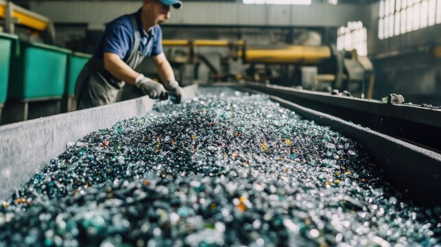 Worker overseeing glass pulverizing operation in a factory setting