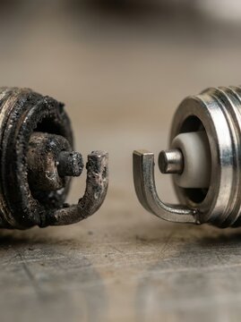 Spark Plug End-On View Comparing Worn Carbon Electrode to Clean New Electrode on Metal Surface