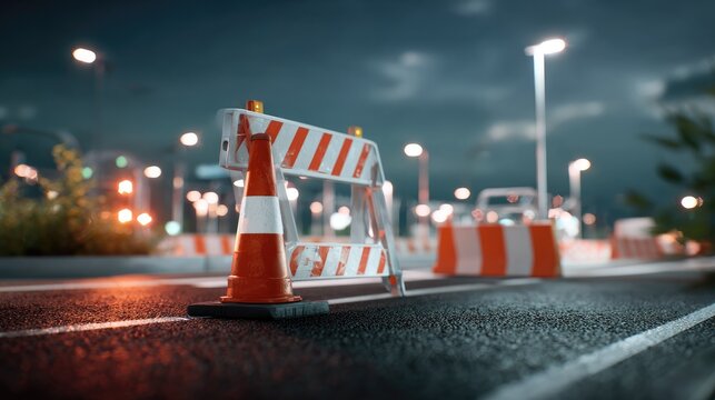 Road Construction Barrier at Night: A temporary construction barrier, complete with orange cones and warning lights, stands on an asphalt road under the dim glow of streetlights.