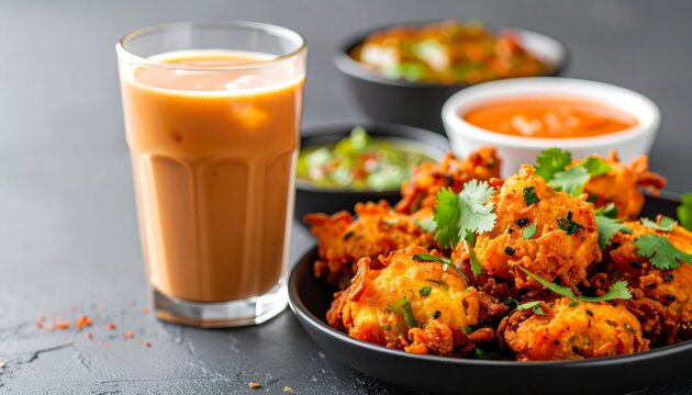 Vegetable pakoras with spicy chutneys and a refreshing iced masala chai, warm and cool contrast, high detail