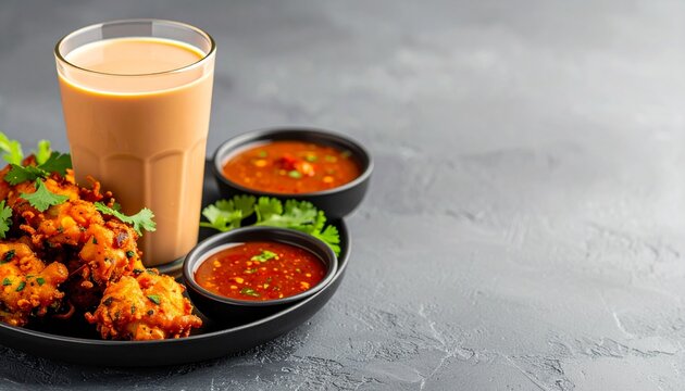 Vegetable pakoras with spicy chutneys and a refreshing iced masala chai, warm and cool contrast, high detail